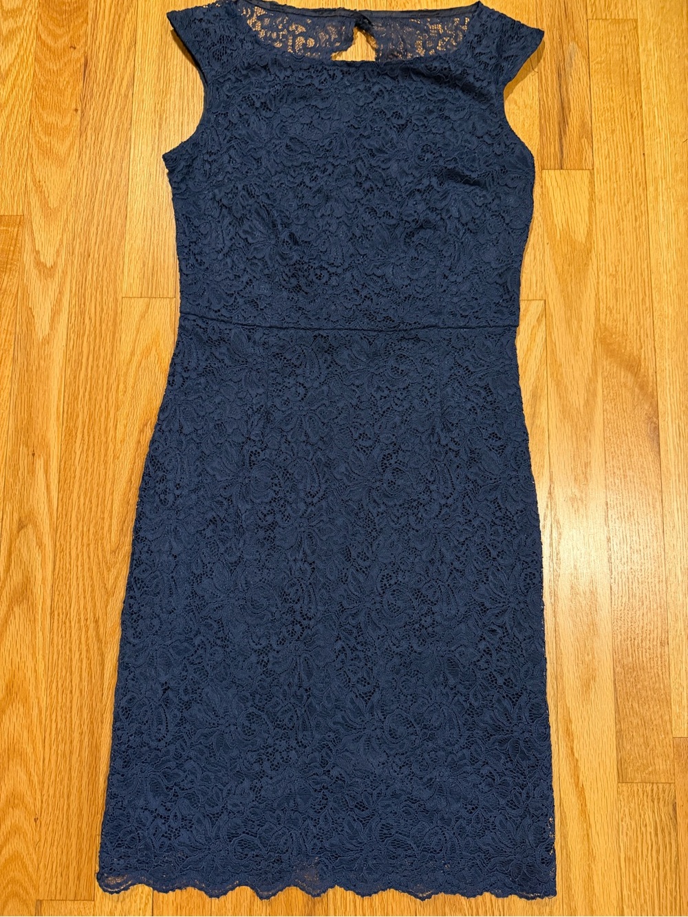Navy Lace Midi Sheath Dress with Cap Sleeves